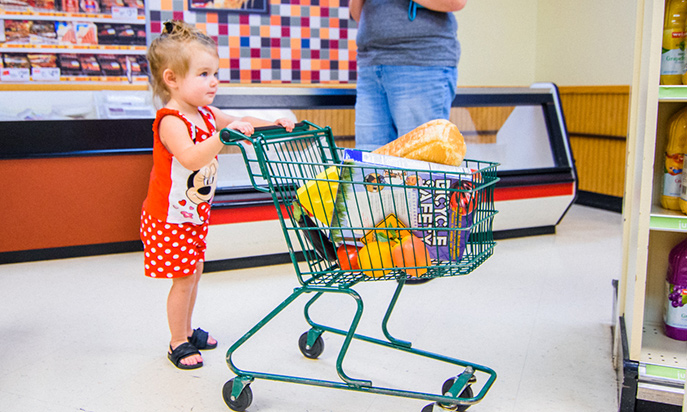 Young girl with shopping cart in Weis Market exhibit
